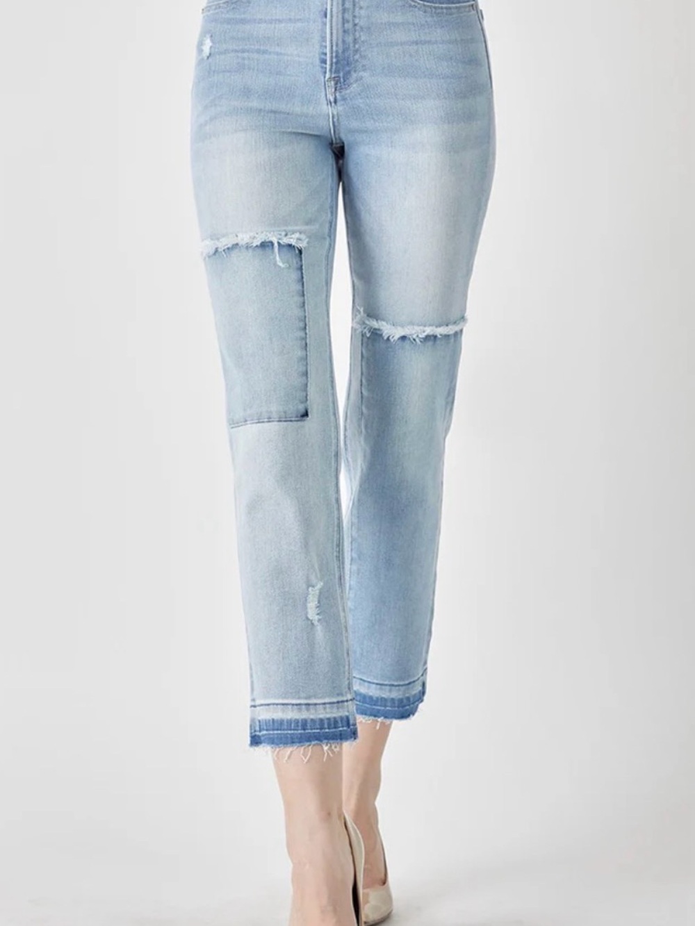 Risen Los Angeles High-Rise Crop Straight Patchwork Denim Jeans Raw Hem 3/26